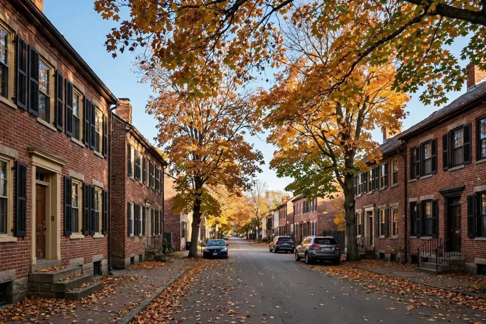 Illustration of brick row houses on a tree-lined street