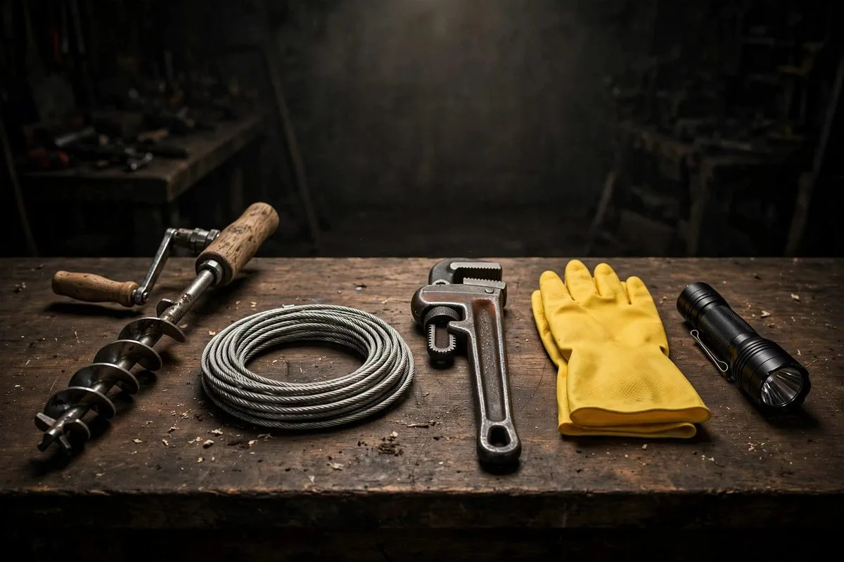 Drain cleaning tools on a workbench: auger, cable, wrench, gloves, and flashlight