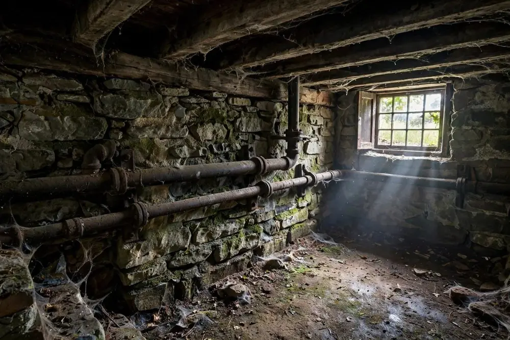 Stone basement with old cast iron drain pipes along the wall