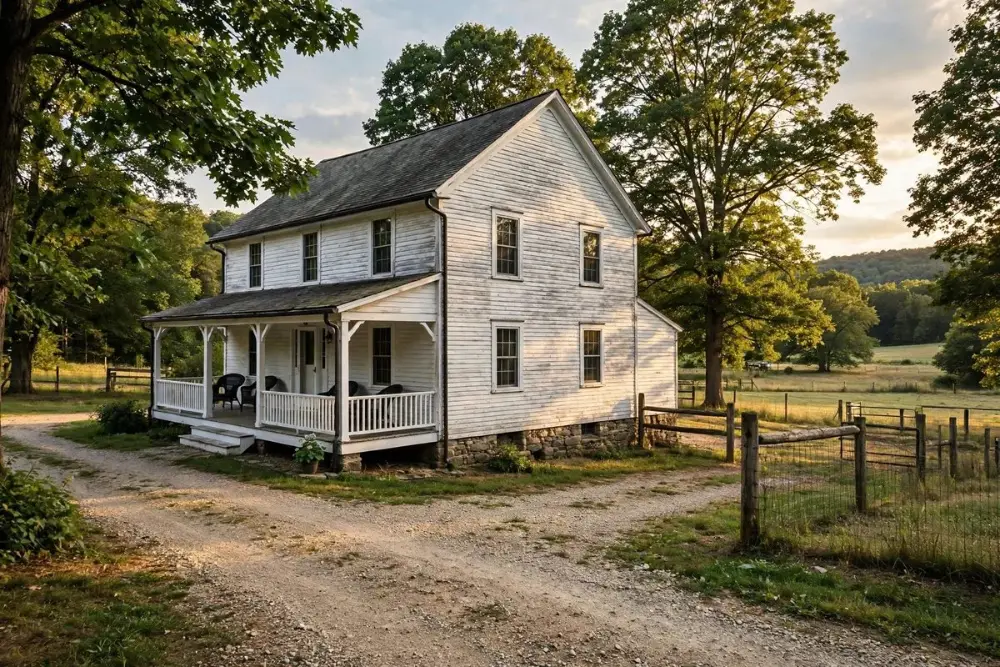Pennsylvania-style farmhouse with a stone foundation and white porch