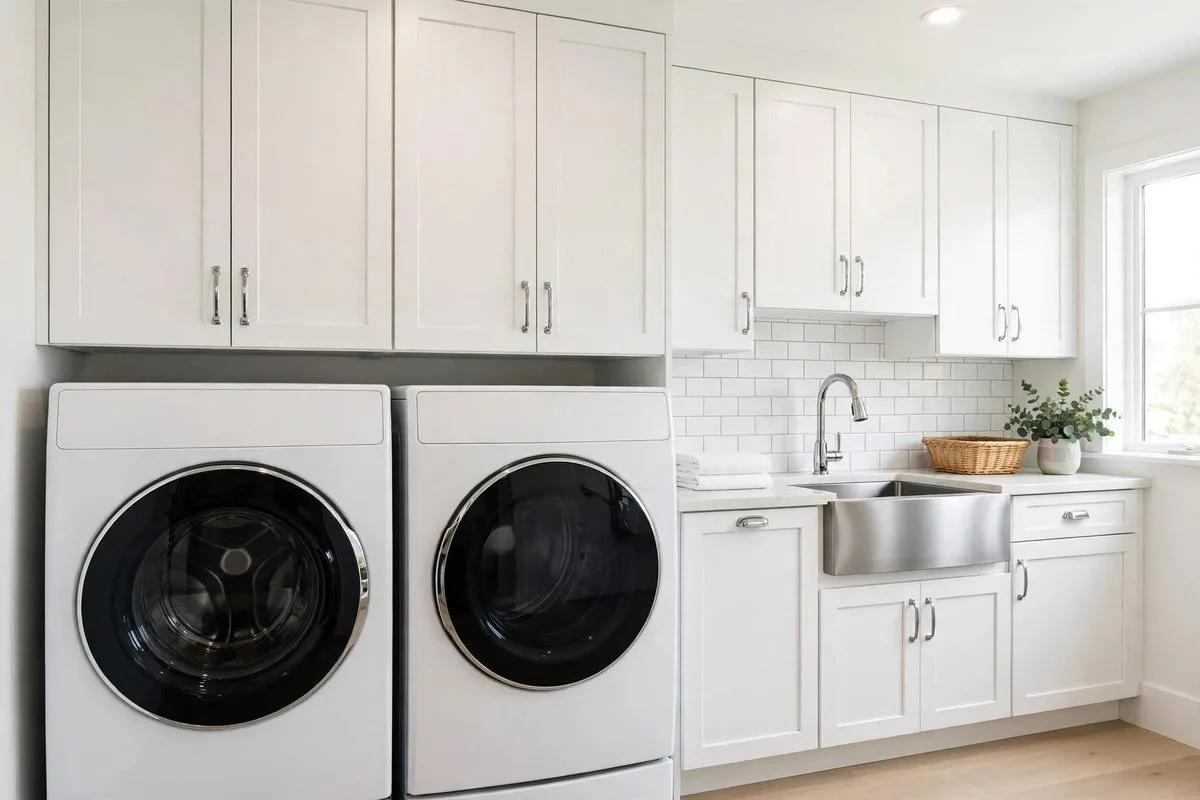 Modern laundry room with washer, dryer, and utility sink