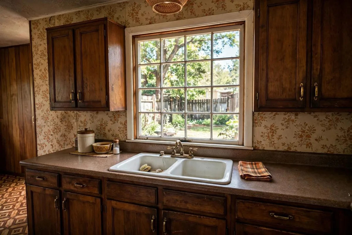 1970s-style kitchen with wooden cabinets and a double sink