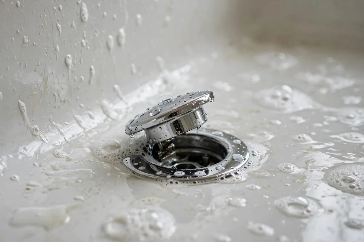 Chrome bathtub pop-up drain stopper with water beading around it