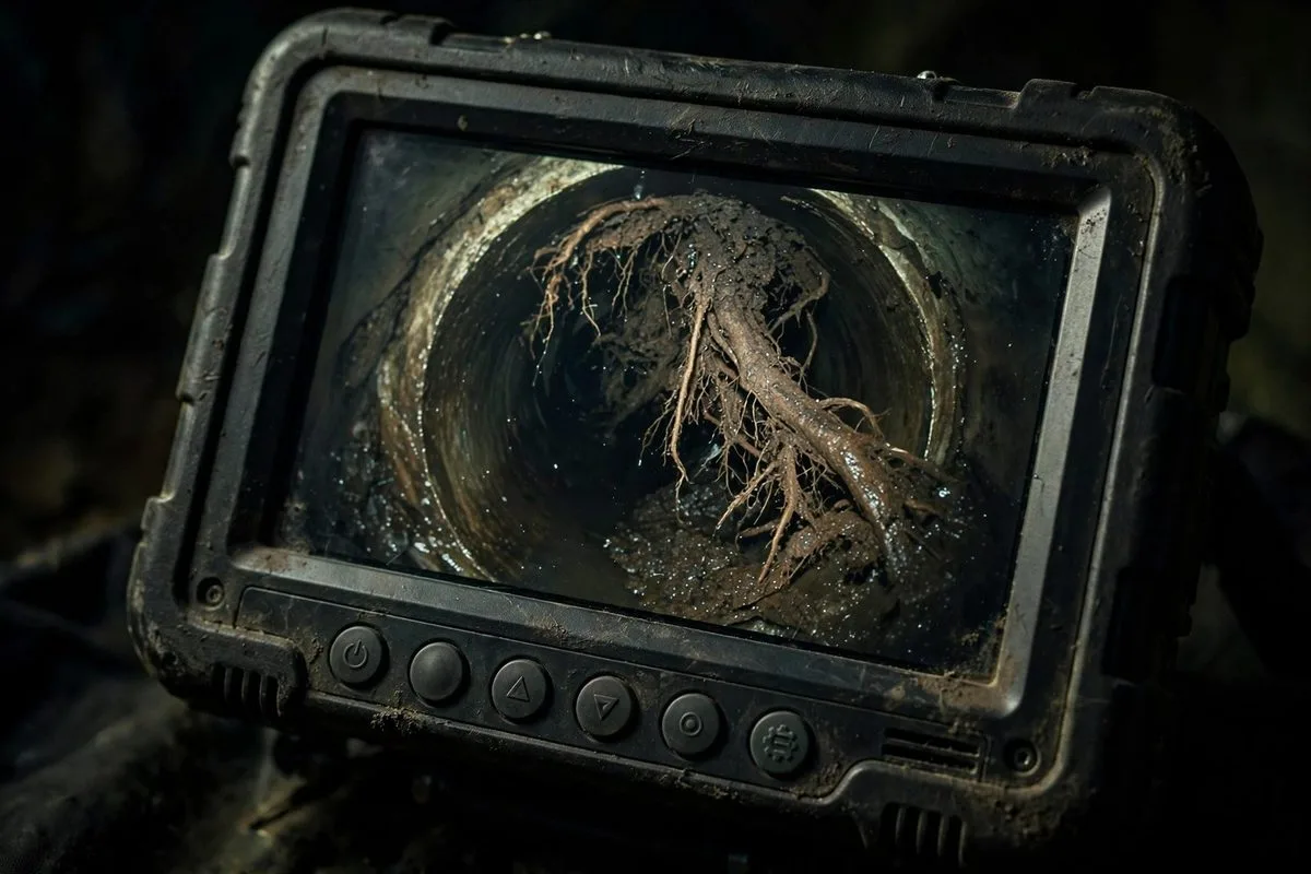 Inspection monitor showing tree roots inside a drain pipe