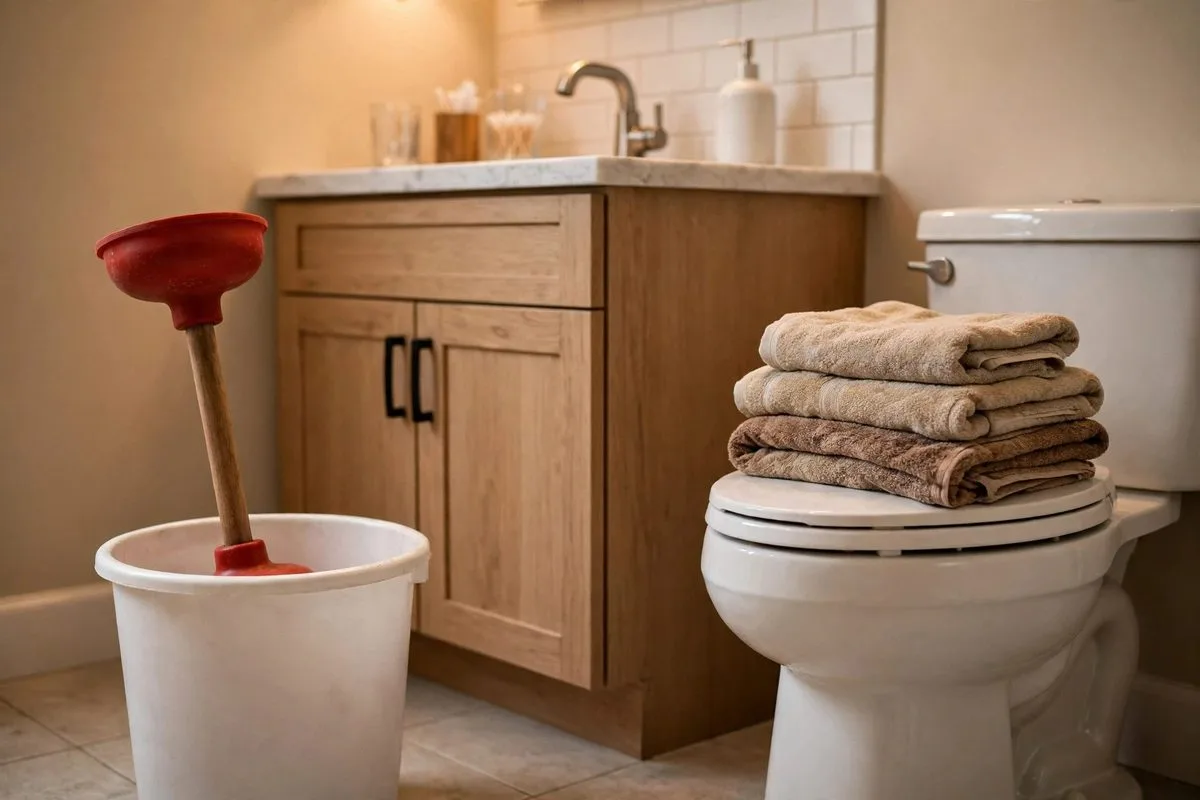 Plunger and bucket beside a toilet