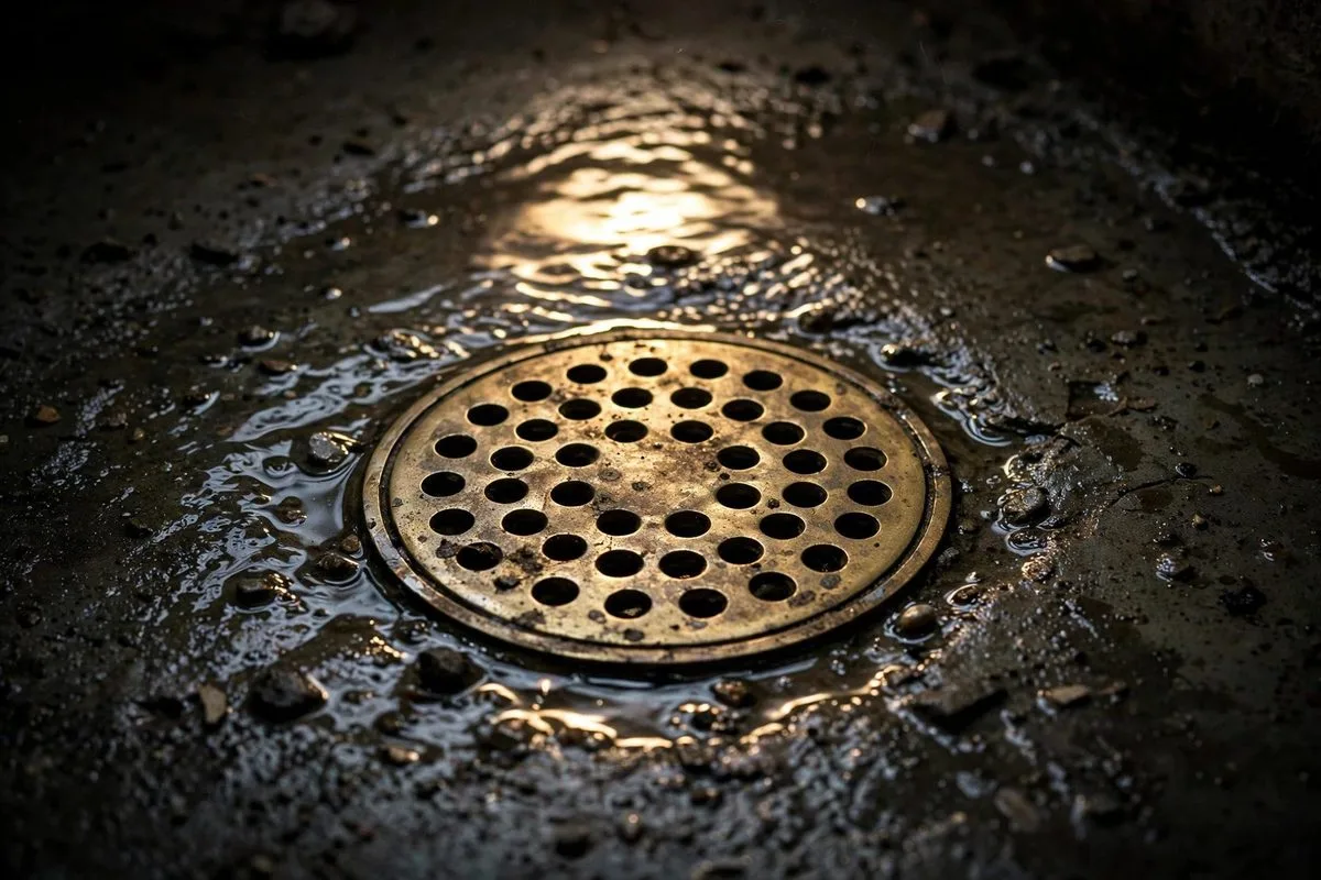 Brass basement floor drain grate with water pooled around it