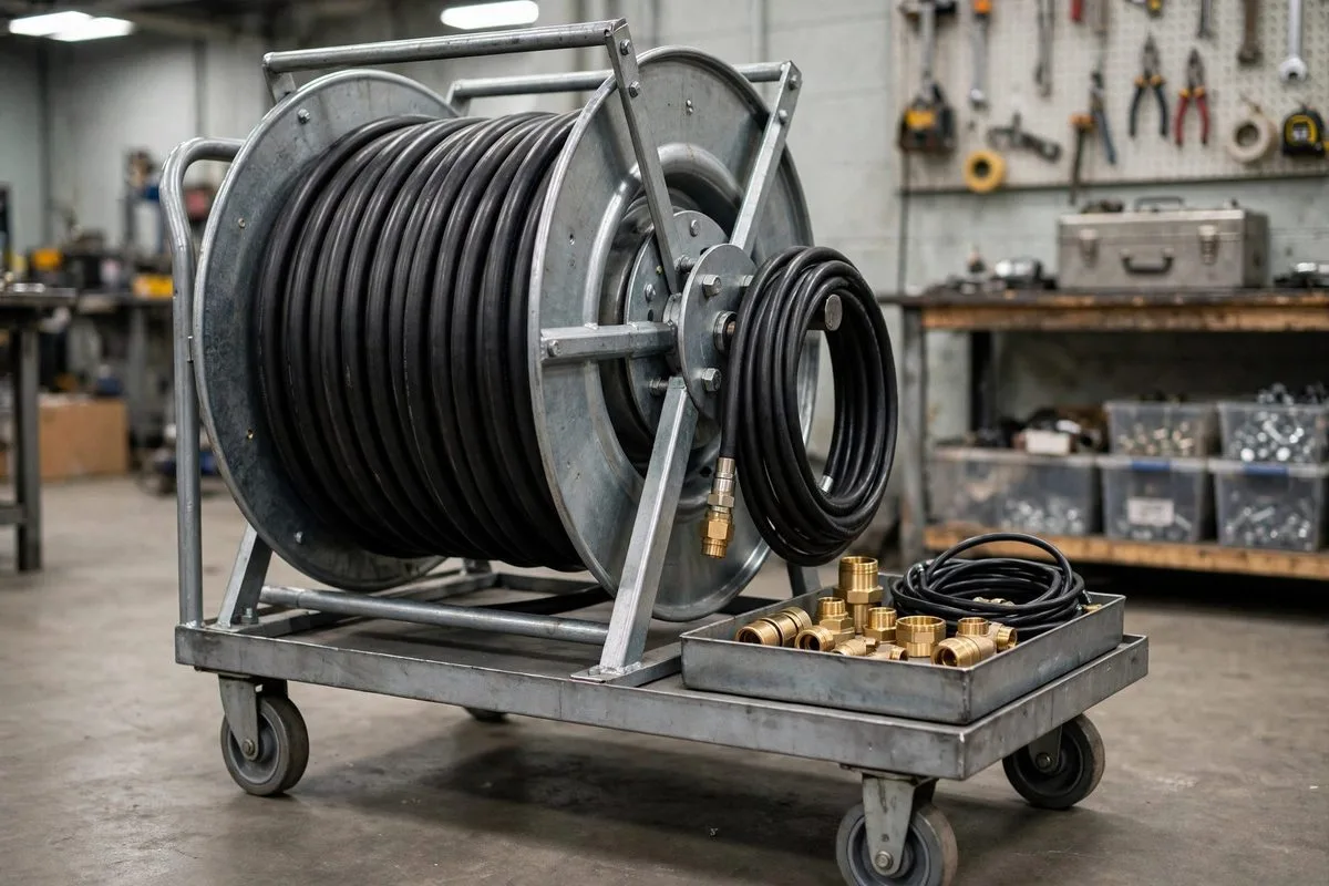 Coiled high-pressure jetting hose on a steel reel with brass nozzles