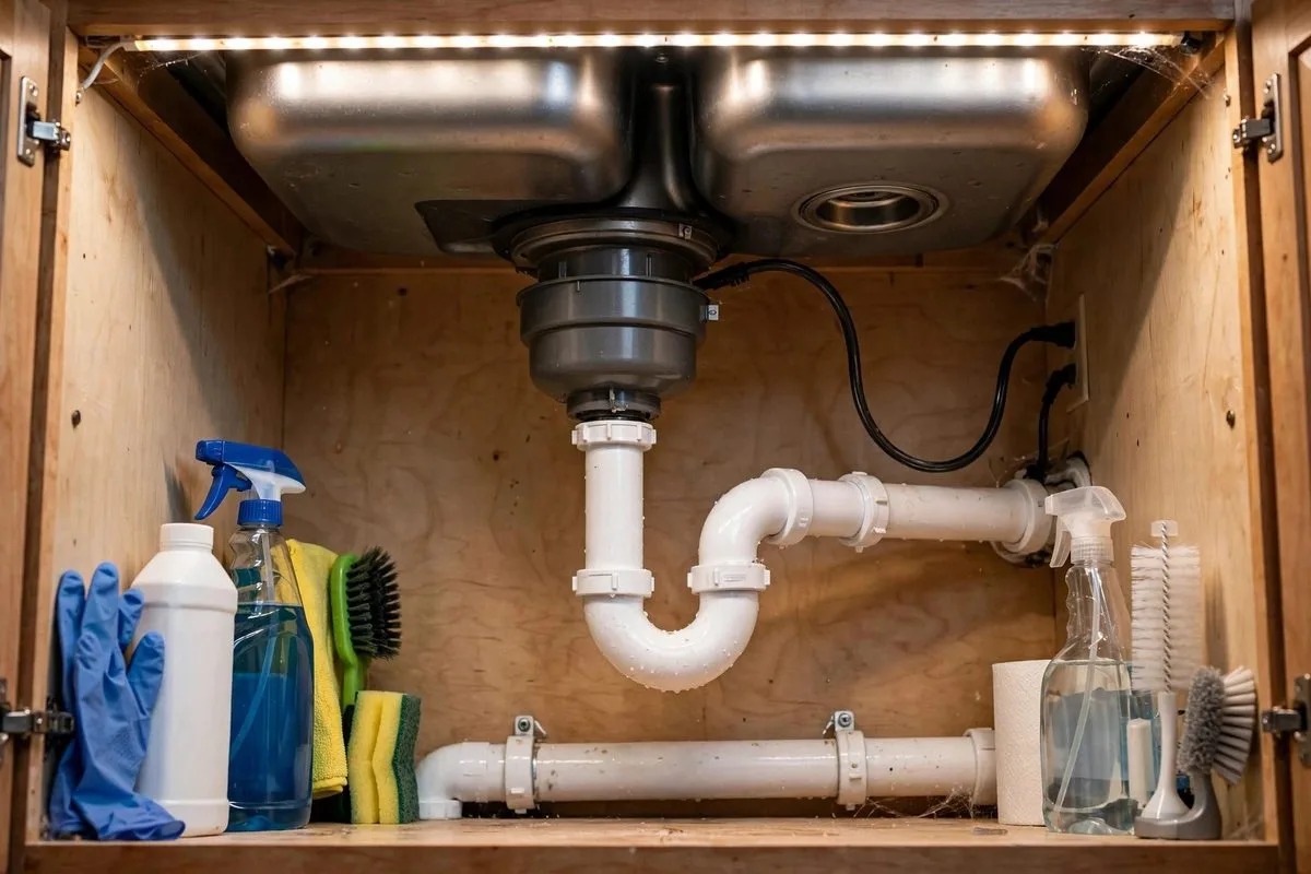 Open under-sink cabinet showing the P-trap and disposal