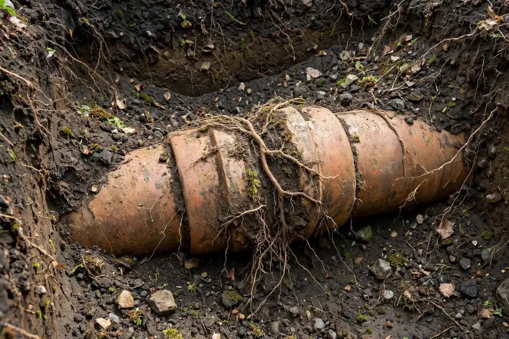 Illustration of old clay sewer pipe sections with tree roots growing into a joint
